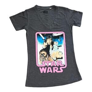 Star Wars Movie Graphics TEE SHIRT Women's SM Gray V-Neck Chewbacca Hans Solo +